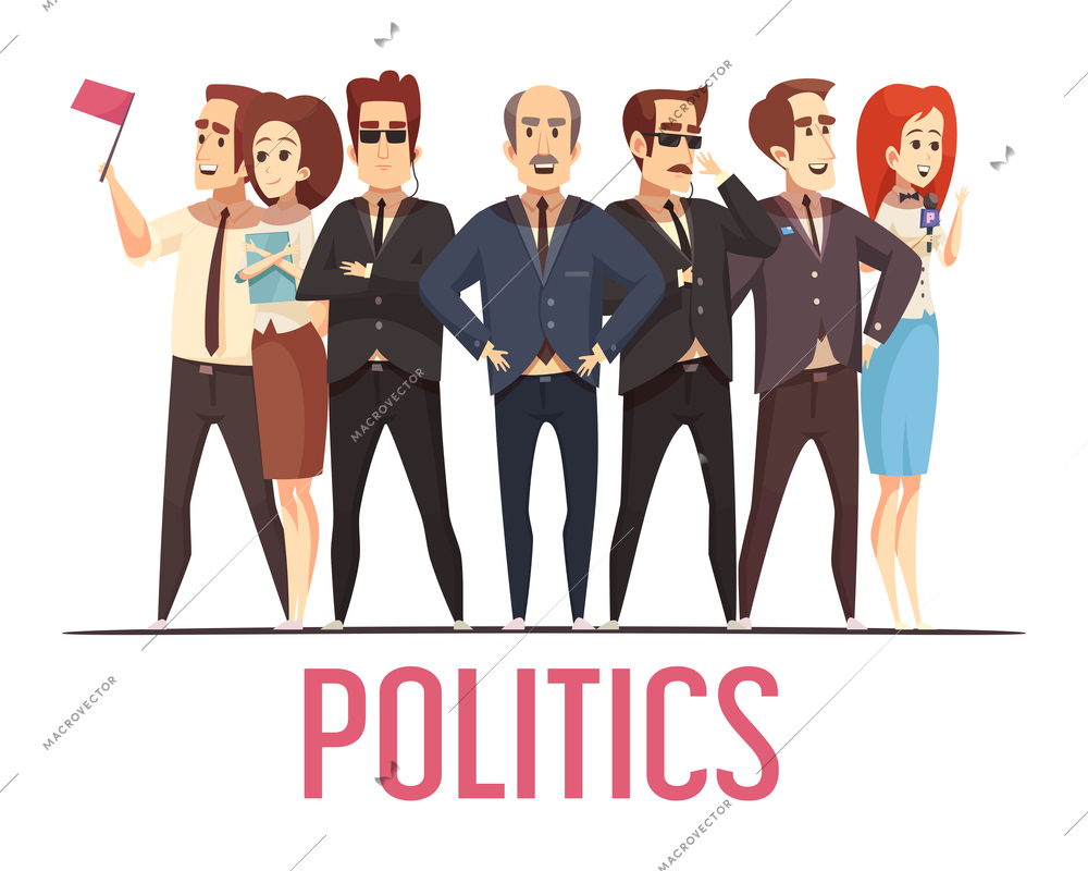 Political election campaign leading candidates public appearance with bodyguards and spouses cartoon characters composition poster vector illustration