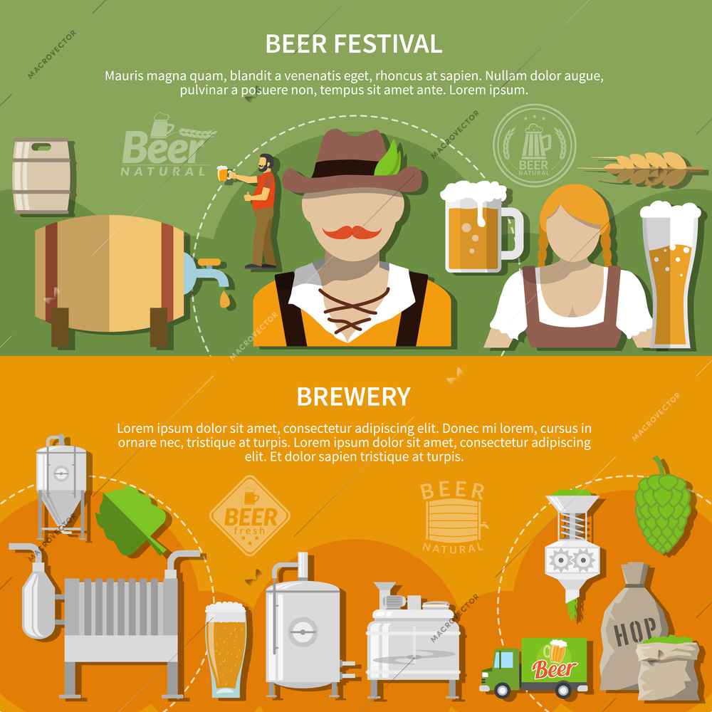 Beer festival elements and brewery equipment flat horizontal banners set isolated vector illustration