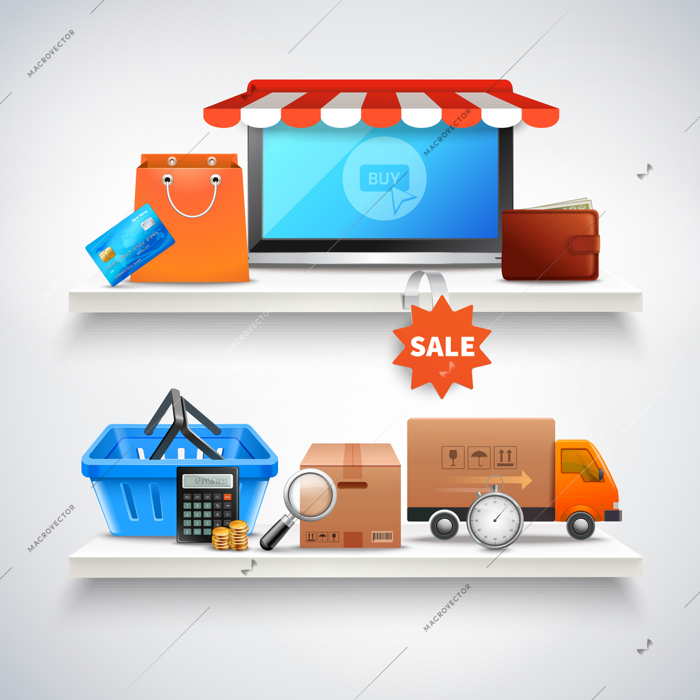Online shopping realistic composition with two shelves and various conceptual images of items for sale vector illustration