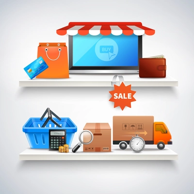 Online shopping realistic composition with two shelves and various conceptual images of items for sale vector illustration