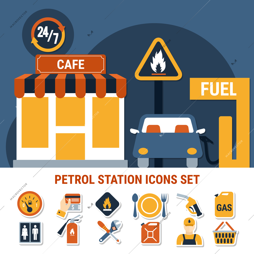 Fuel pump icon set with flat elements and petrol station combined in composition vector illustration