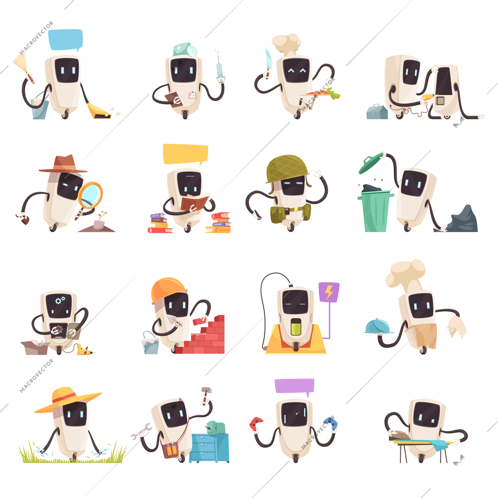 Artificial intelligence robotic automated systems helping people cartoon icons collection with socializing robots friends cleaners waiters vector illustration