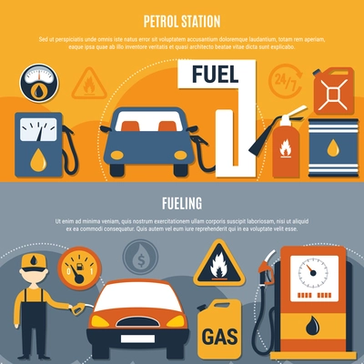 Two horizontal fuel pump flyer set with petrol station and fueling descriptions vector illustration