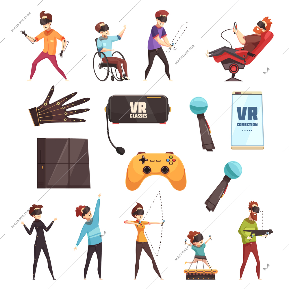 Virtual reality vr gadgets gaming system accessories cartoon icons collection with playstation glasses microphone isolated vector illustration