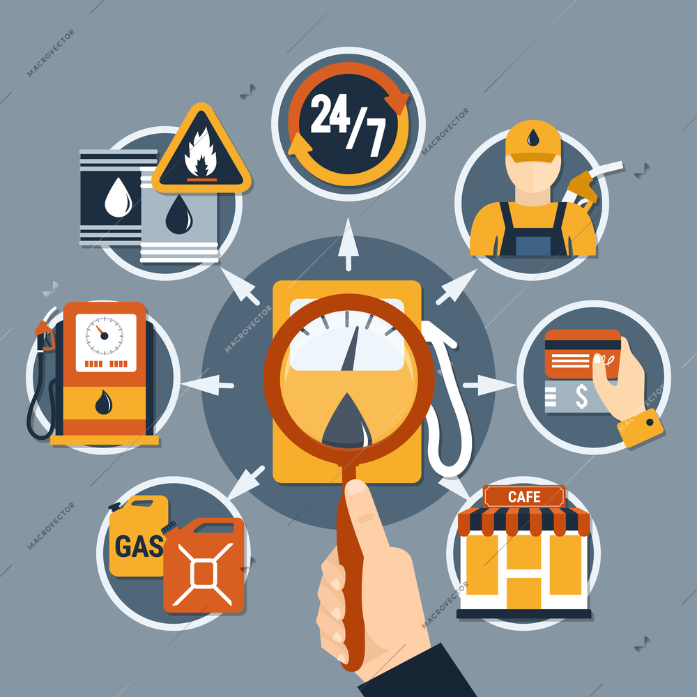 Fuel pump flat concept  with search with magnifier of gas and petrol station vector illustration