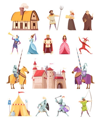 Medieval characters historical buildings cartoon icons set with castle ridders tent peasant king knight princess isolated vector illustration