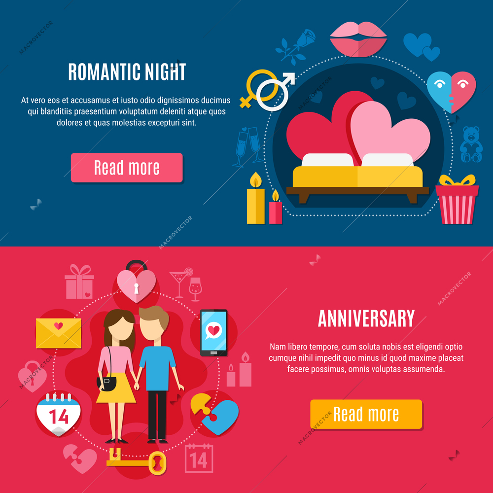 Two horizontal valentines day banner set with colored and flat romantic elements vector illustration