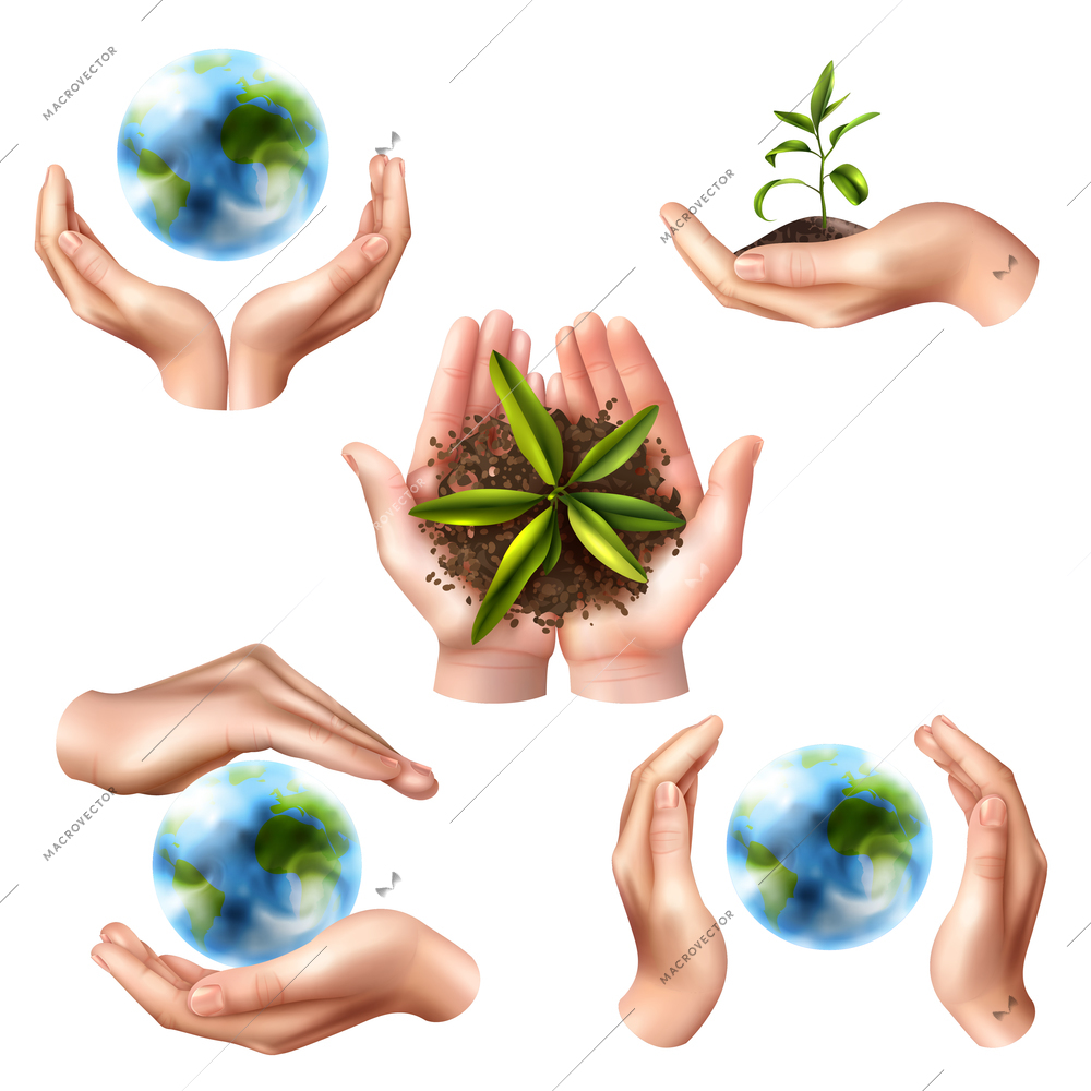 Set of ecology symbols with realistic female hands, globe and green sprout in ground isolated vector illustration