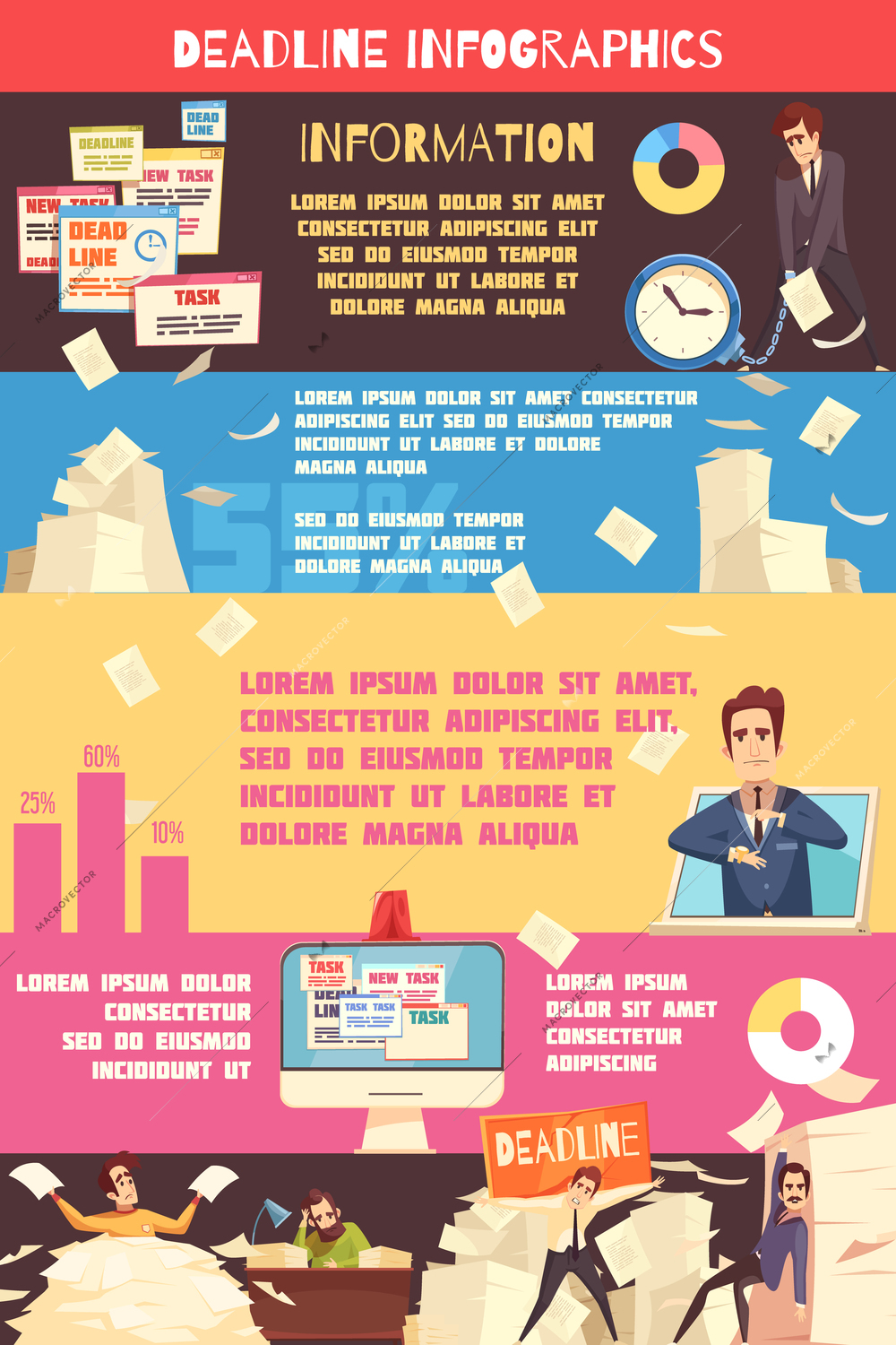 Deadline pressure infographic cartoon poster with information on beating burnout for project managers and  business leaders vector illustration