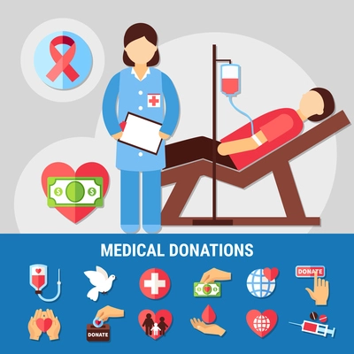 Charity background with set of isolated emoji style donation icons and images of doctor and patient vector illustration