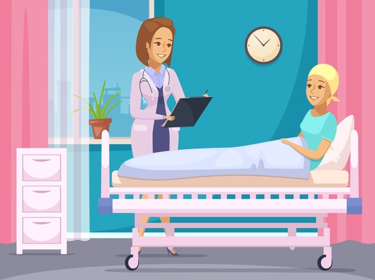 Oncology patient flat composition with doctor talking with young woman lying in medical bed after surgery vector illustration