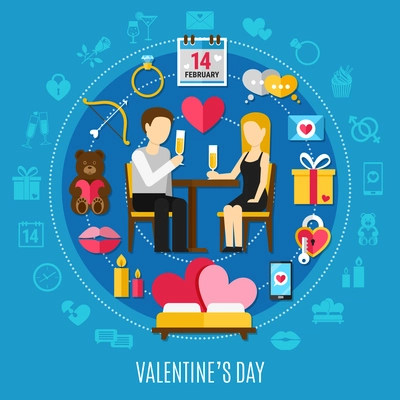 Round Valentines day composition with combined icon set about romantic date vector illustration