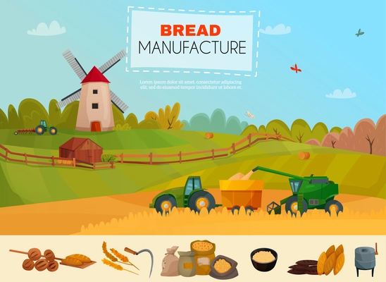 Bread manufacture poster with cereal harvesting on natural landscape background, icons set with flour products vector illustration