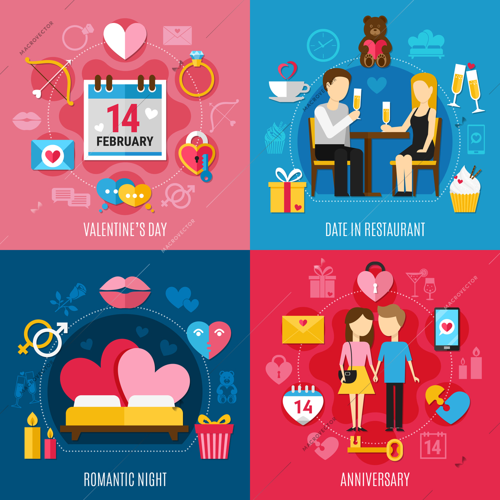 Four squares valentines day concept with date in restaurant romantic night and anniversary descriptions vector illustration