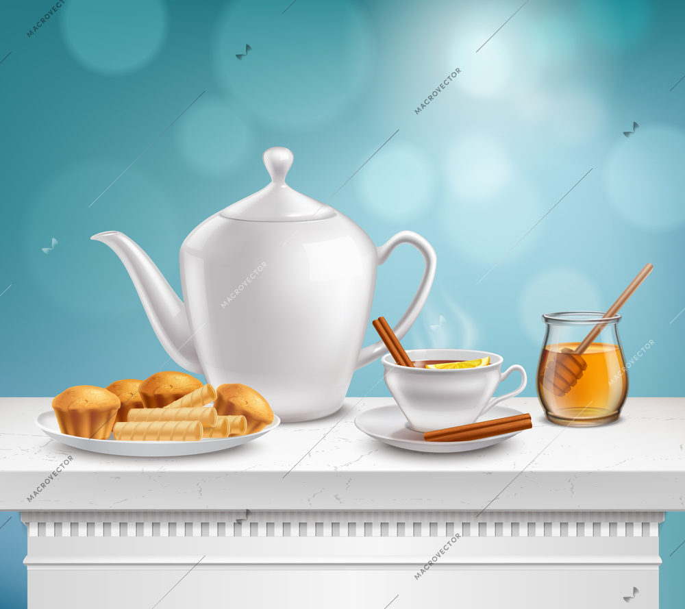 White porcelain teapot full hot teacup glass honey jar and plate muffins waffels realistic composition vector illustration