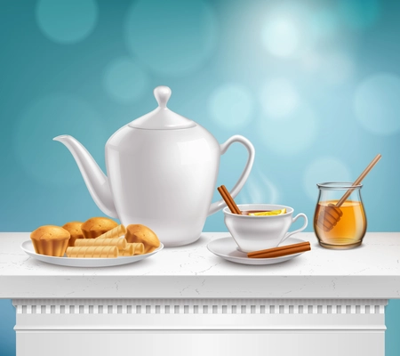 White porcelain teapot full hot teacup glass honey jar and plate muffins waffels realistic composition vector illustration