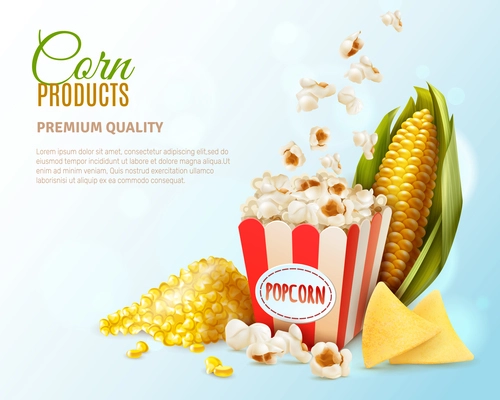 Colored corn products composition with corn product premium quality description and place for text vector illustration