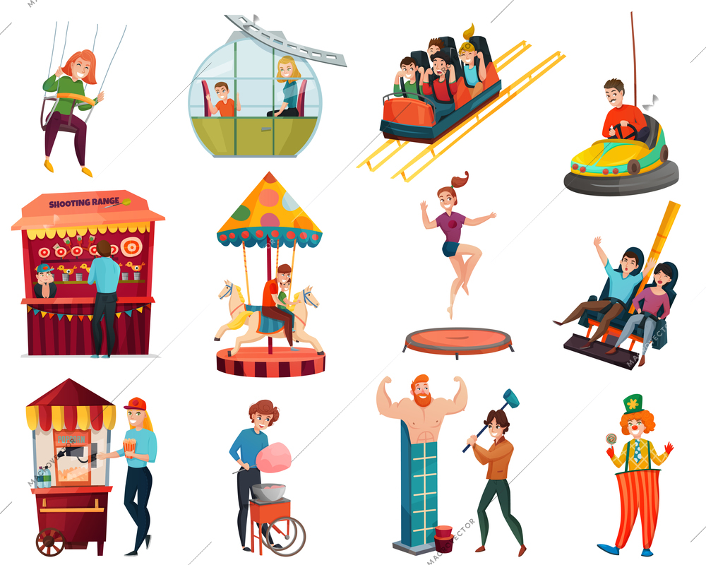 Amusement park set with adult and kid characters riding on swing and carousel and park workers selling cotton candy and popcorn isolated cartoon vector Illustration