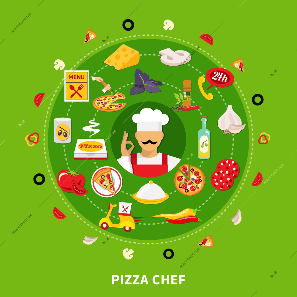 Pizza round composition of isolated emoji style icons with pizza filler slices and small delivery pictograms vector illustration