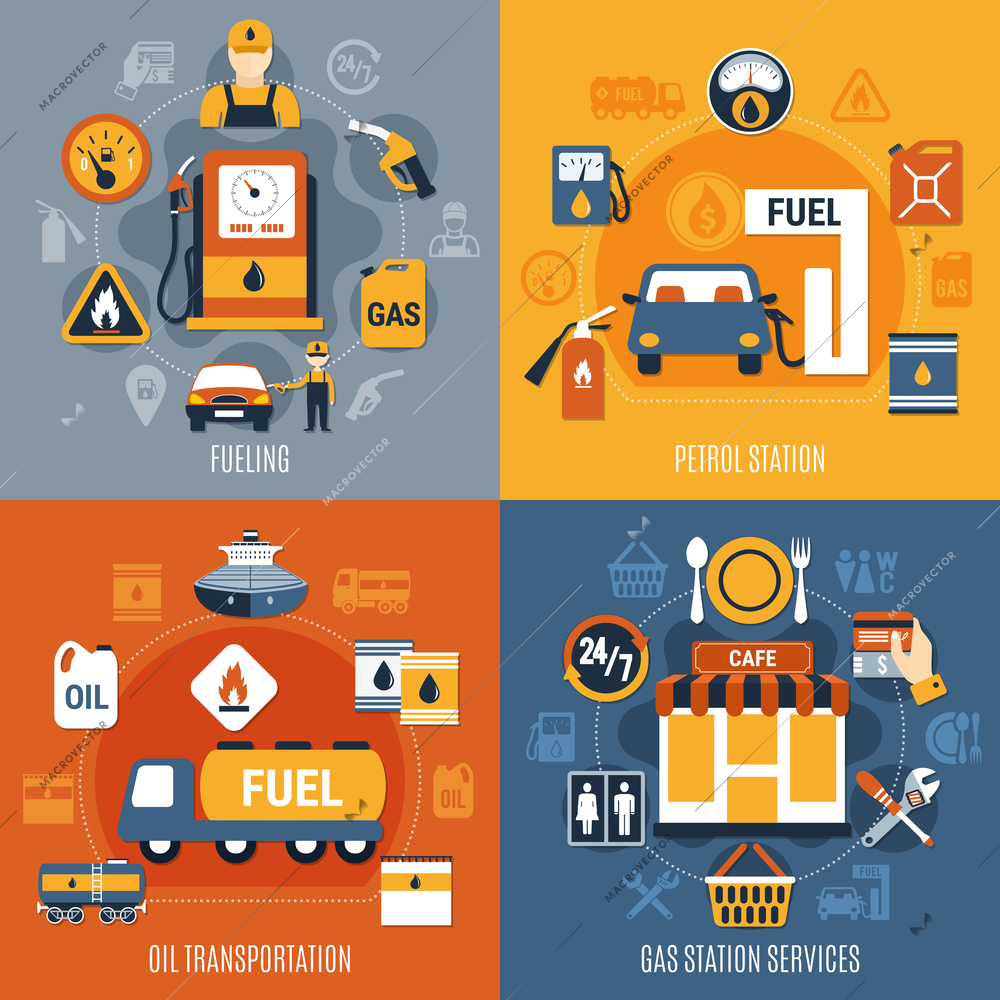 Four squares fuel pump concept set with fueling petrol station oil transportation and gas station services descriptions vector illustration