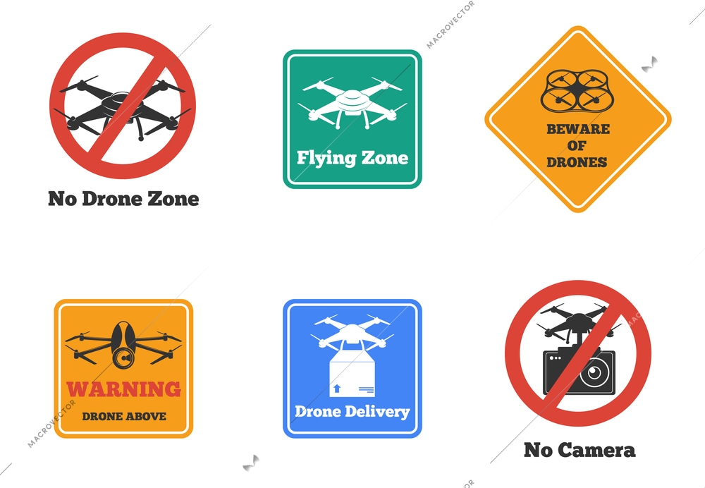 Set of prohibited and warning drone signs of various shape and color isolated vector illustration