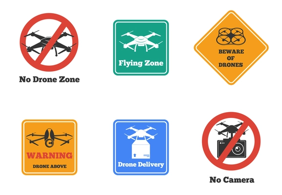 Set of prohibited and warning drone signs of various shape and color isolated vector illustration