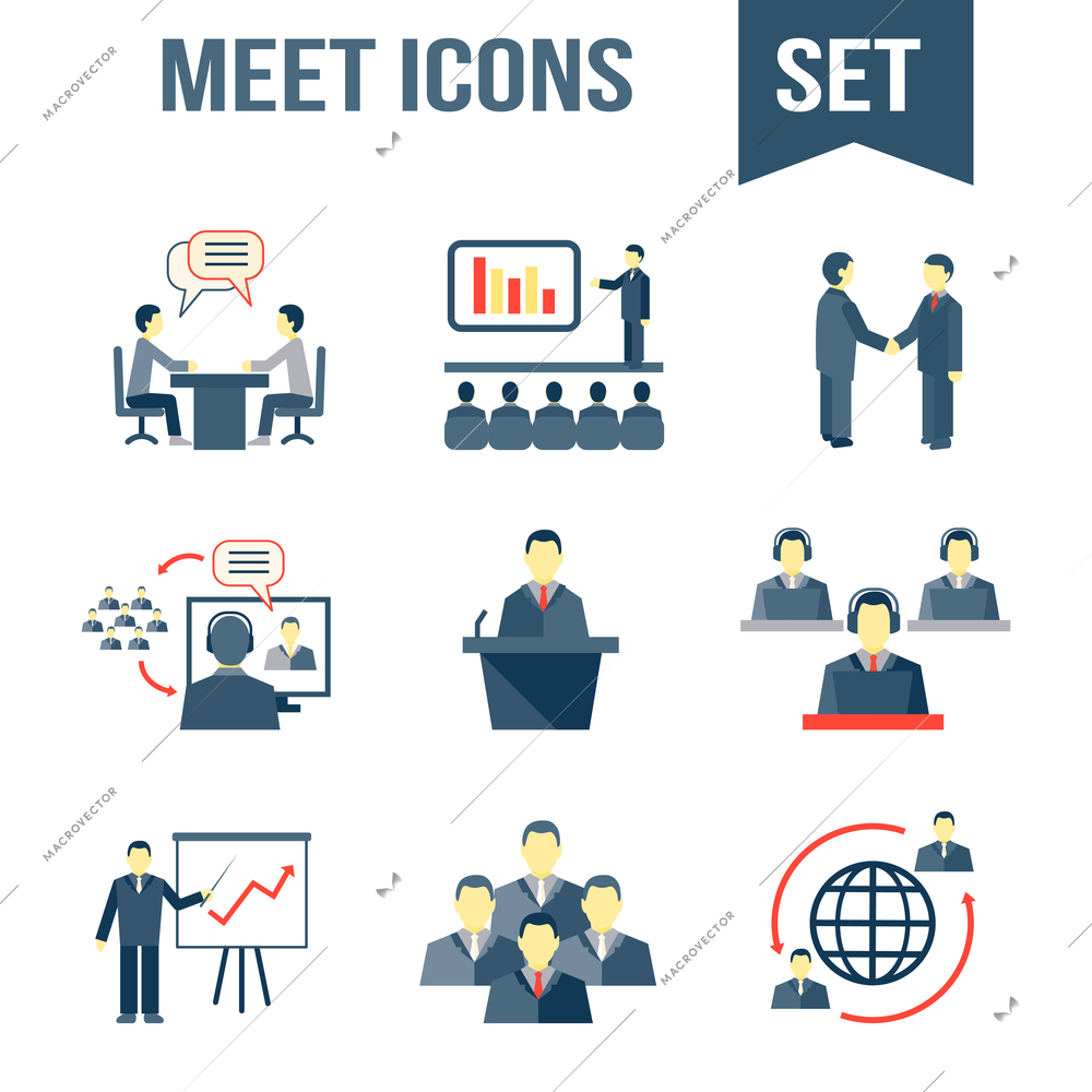 Business people meeting partners online and offline conference and presentation icons set isolated vector illustration