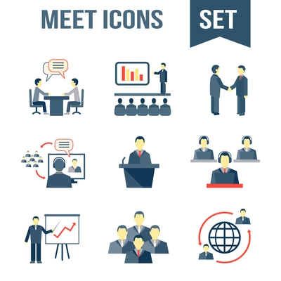 Business people meeting partners online and offline conference and presentation icons set isolated vector illustration