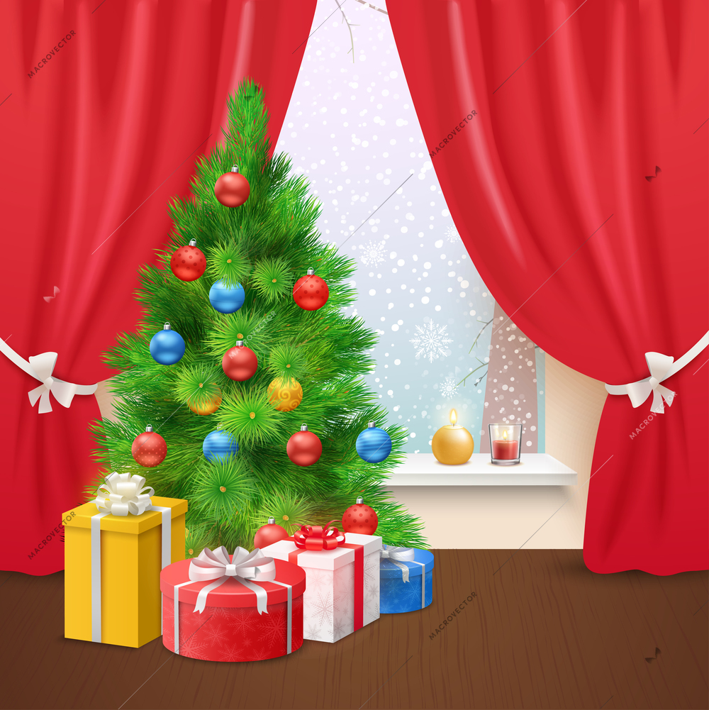 Christmas home decoration with gift boxes under pine tree and snowfall outside window realistic vector Illustration