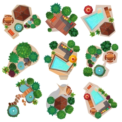 Landscape compositions top view set with pond or pool, trees and shrubs, garden furniture isolated vector illustration