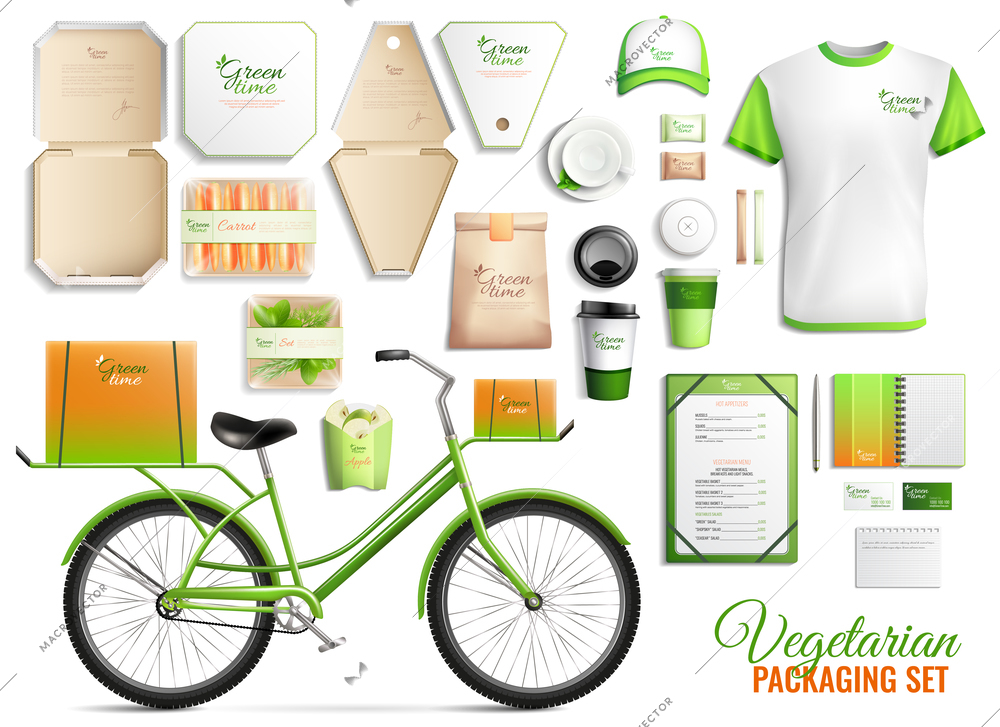 Set of packaging for vegetarian food with brand identity, working uniform, green bicycle isolated vector illustration