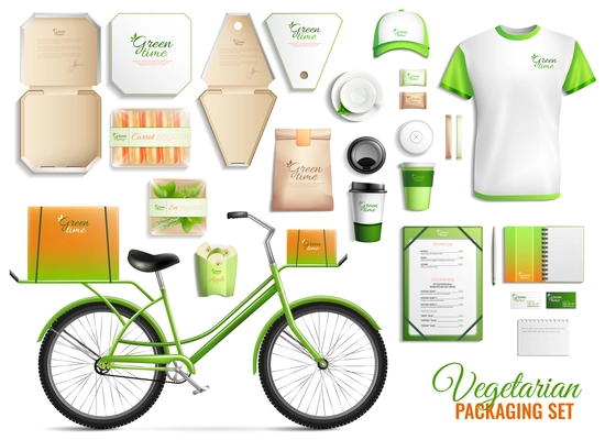 Set of packaging for vegetarian food with brand identity, working uniform, green bicycle isolated vector illustration