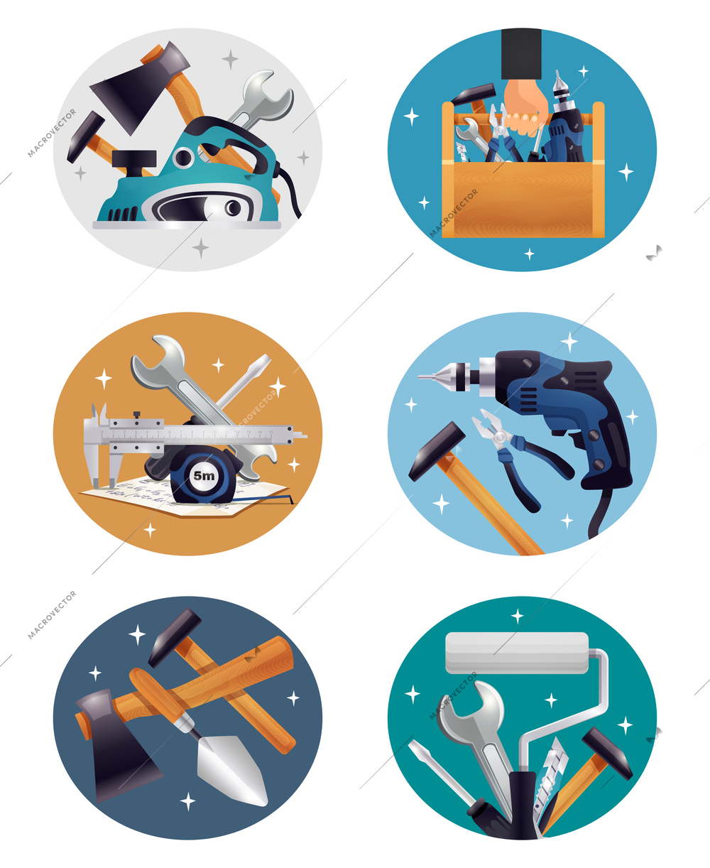 Carpenter repairman construction worker instruments tools kit realistic compositions round icons with colorful background collection vector illustration