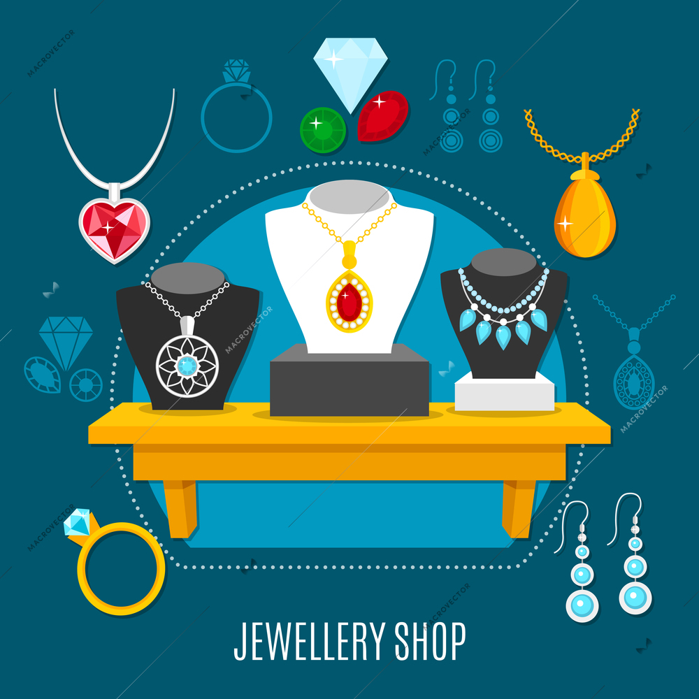 Showcase of jewelry shop with necklaces on dummies, gems, earrings, rings composition on blue background vector illustration