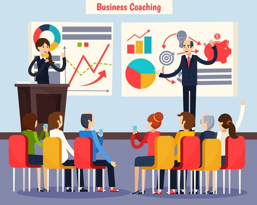 Business coaching orthogonal composition staff training with speakers and audience, charts on whiteboards flat vector illustration