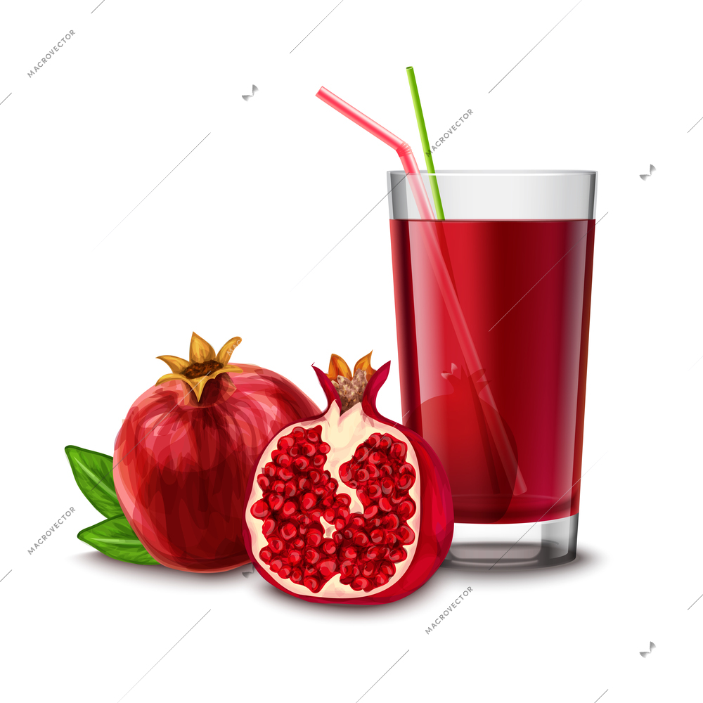 Realistic glass full of juice drink with cocktail straw and pomegranate isolated on white background vector illustration