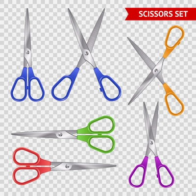 Realistic scissors transparent set with isolated images of colourful scissors for school pack on transparent background vector illustration