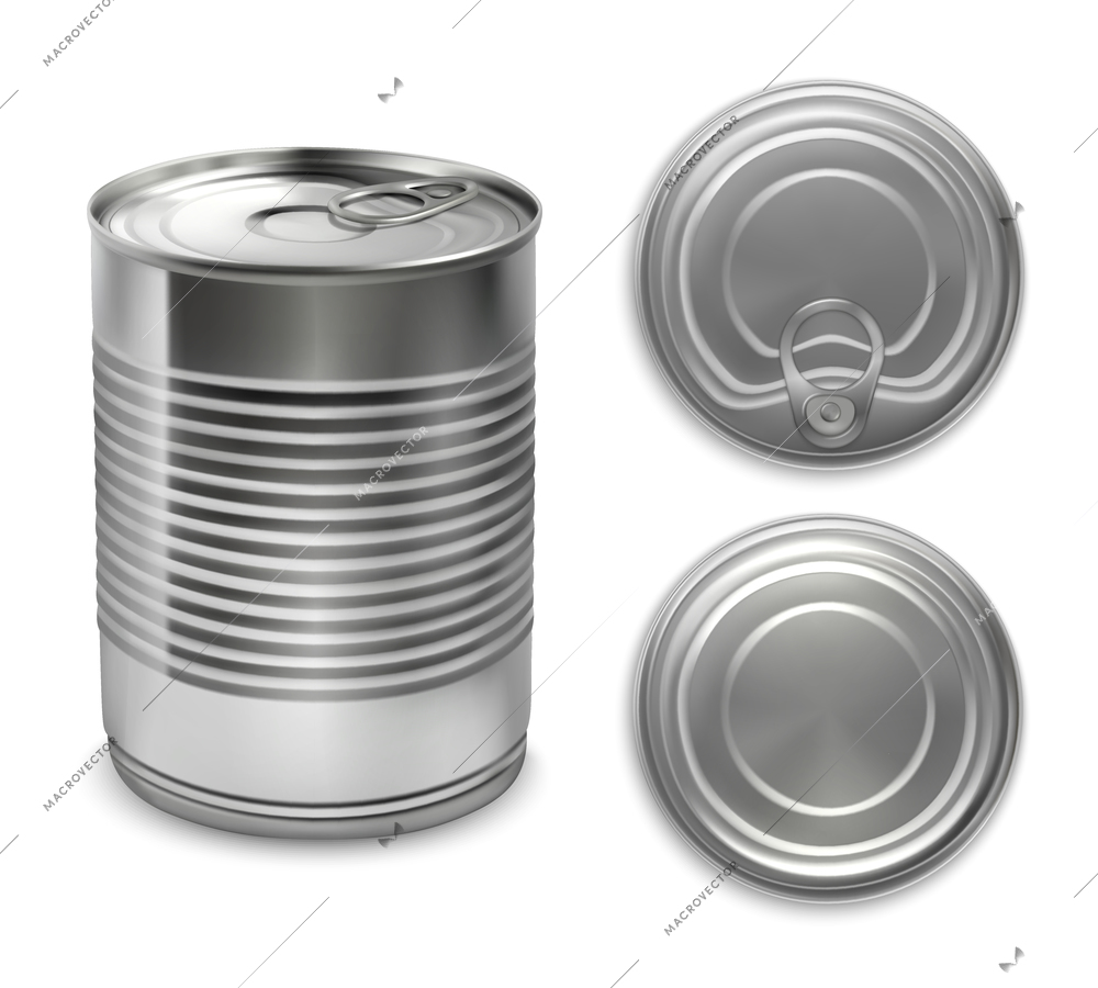 3d metal packaging can mockup set with three isolated views of preserve tin can with shadows vector illustration