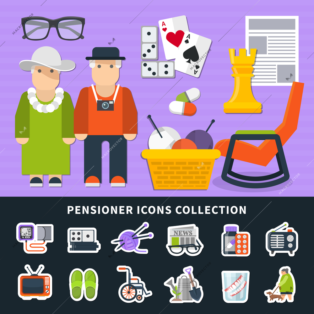 Pensioner Flat colored icon set with figures of people and their equipment vector illustration