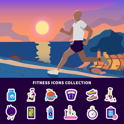 Fitness flat icons collection with running man, sport app, diet nutrition, gym, exercise equipment isolated vector illustration