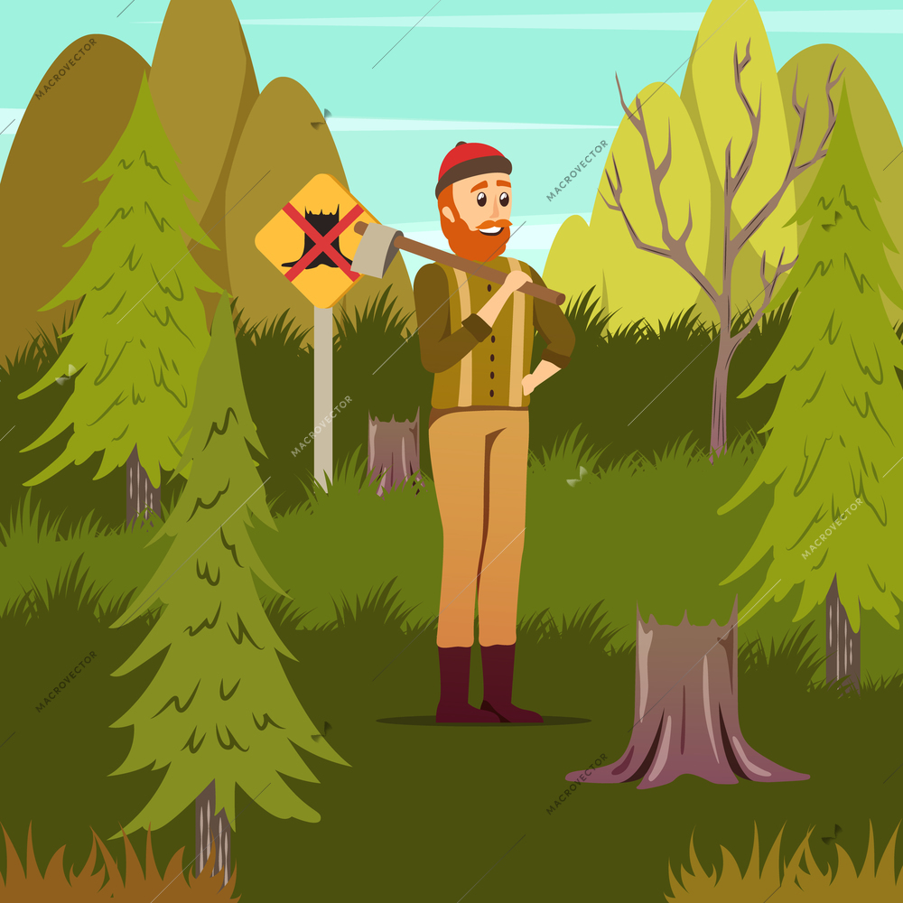 Man-made disastrous deforestation environmental hazard orthogonal forestry background poster with woodcutter among tree stumps vector illustration