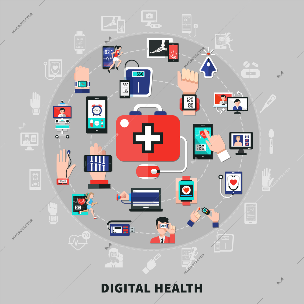 Digital health symbols icons flat circle composition with mobile wearable devices measuring medical body parameters vector illustration