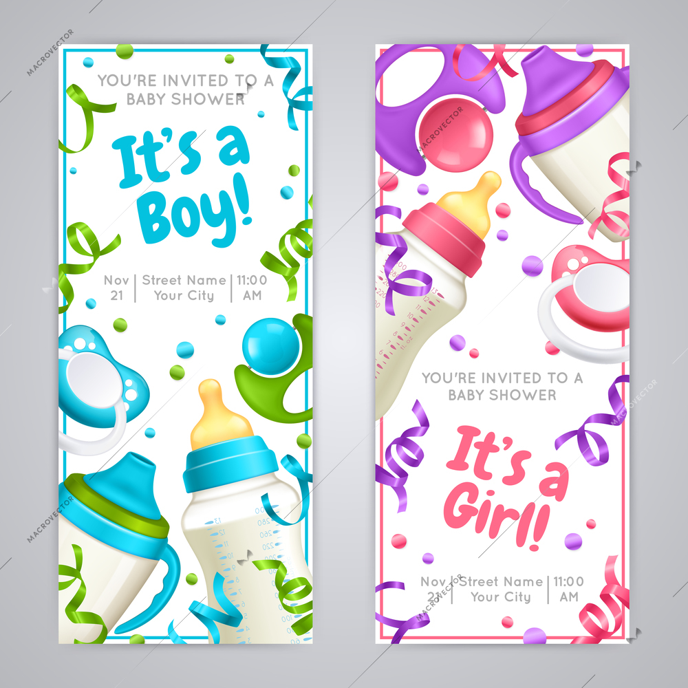 Realistic baby bottle milk banners with festive ribbons invitation text and realistic images of feeding bottles vector illustration