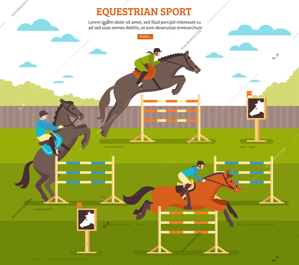 Equestrian sport horse illustration with pleasure ground scenery horsemen and barriers with text and more button vector illustration