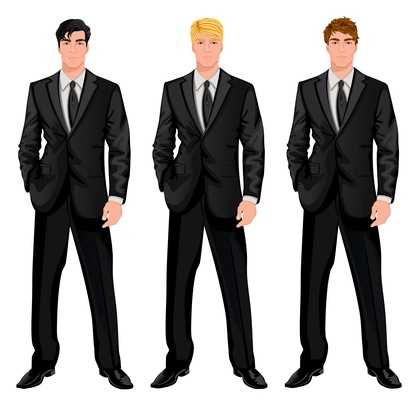 Three young handsome businessmen in formal suits with various hair color tints and haircut styles vector illustration