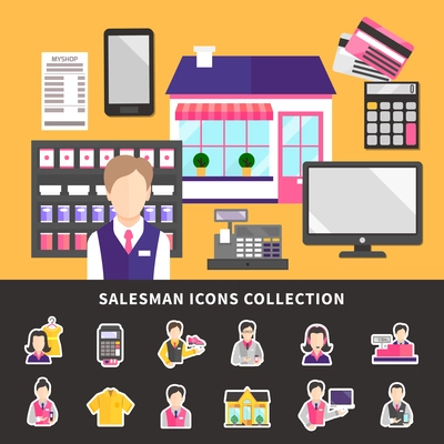 Salesman background with store attendant and cashier characters with collection of product icons and payment terminal vector illustration