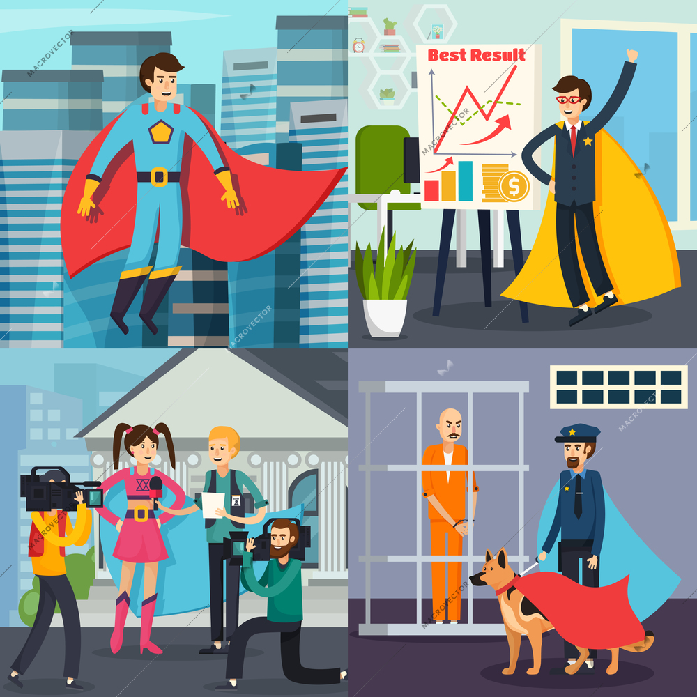 Superhero orthogonal concept with man in costume on city background, business person, policeman, actress isolated vector illustration