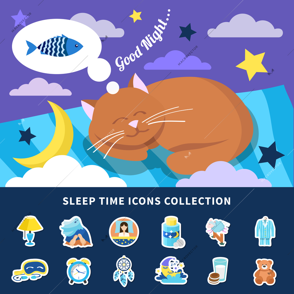 Sleeping time flat icons collection with night dreaming red cat banner bedroom decorations stickers isolated vector illustration