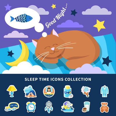 Sleeping time flat icons collection with night dreaming red cat banner bedroom decorations stickers isolated vector illustration