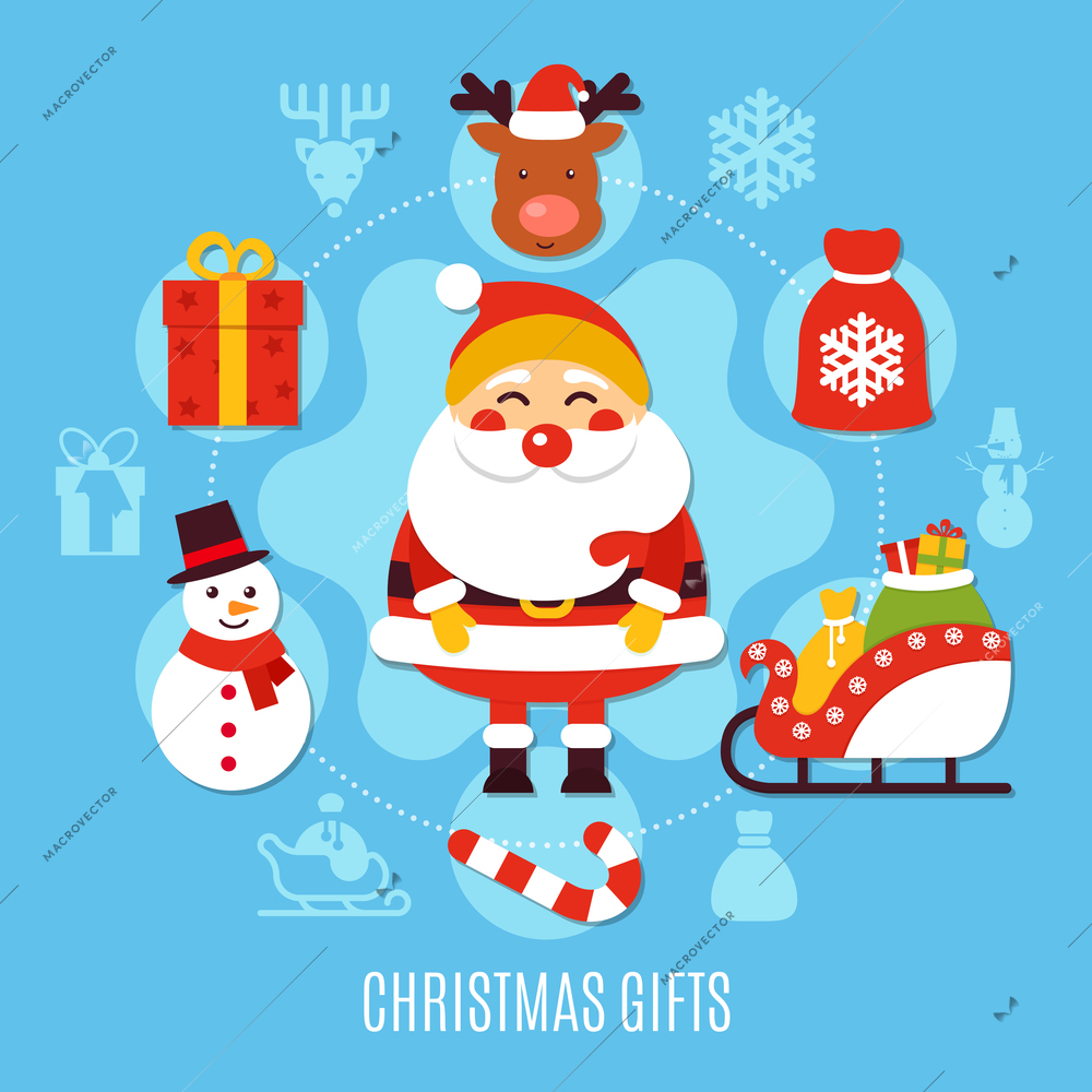 Christmas gifts round flat composition with santa, snowman, deer, sleigh with presents on blue background vector illustration